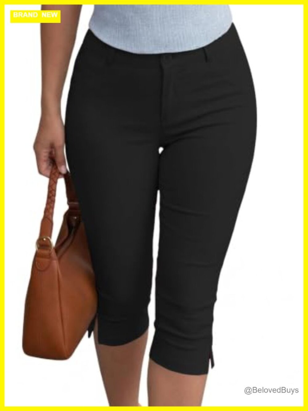 Women's Slim Fit High Rise Stretch Capri Pants Side Slit Crop Work